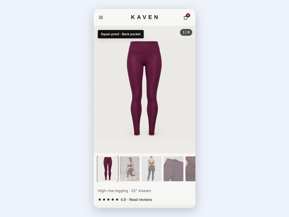 A clothing product page on a phone with a photo carousel and a row of thumbnails underneath