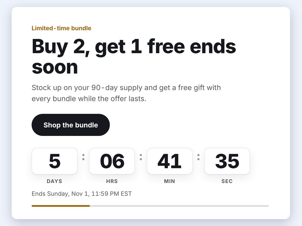 A white countdown band with large number tiles, the offer end date and a sale progress line