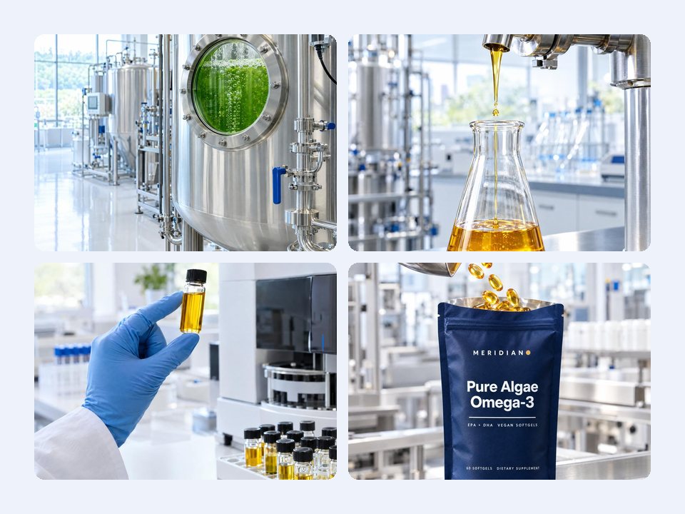 Four photos from a scroll story: production tanks, oil, lab testing and the finished pouch